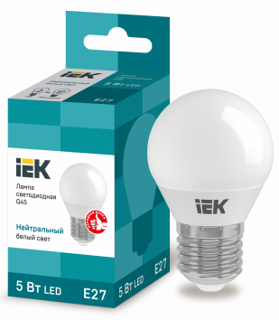 ЛАМПА СВЕТОДИОДНАЯ IEK G45 ШАР 5ВТ 230В 4000К Е27 ИЭК(общий вид лампы с упаковкой)